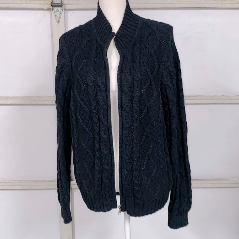 Worthington navy blue ramie cotton cable knit cardigan sweater size XLP